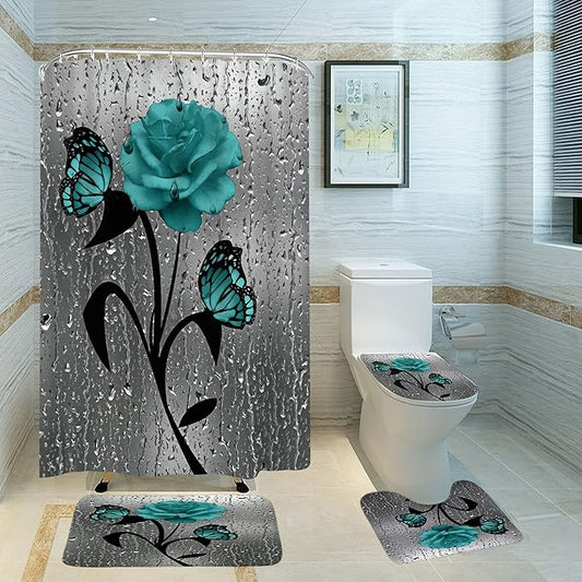 Set baie 4 piese: perdea, covorase si husa de toaleta, Blue Rose