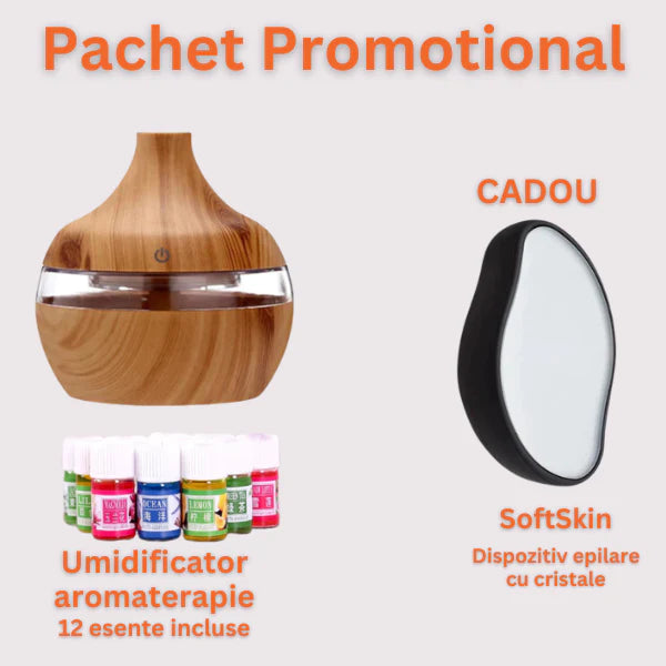 Pachet Promotional Umidificator aromaterapie pentru camera cu 12 uleiuri esentiale + SoftSkin CADOU
